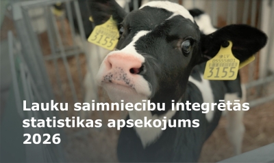 Teļš ar ausu marķējuma birkām novietnē un tekstu “Lauksaimniecības statistikas integrētais apsekojums 2026”.