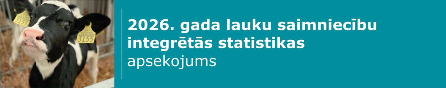 Melnbalts teļš ar ausu birkām kūtī un teksts “2026. gada lauku saimniecību integrētās statistikas apsekojums”.