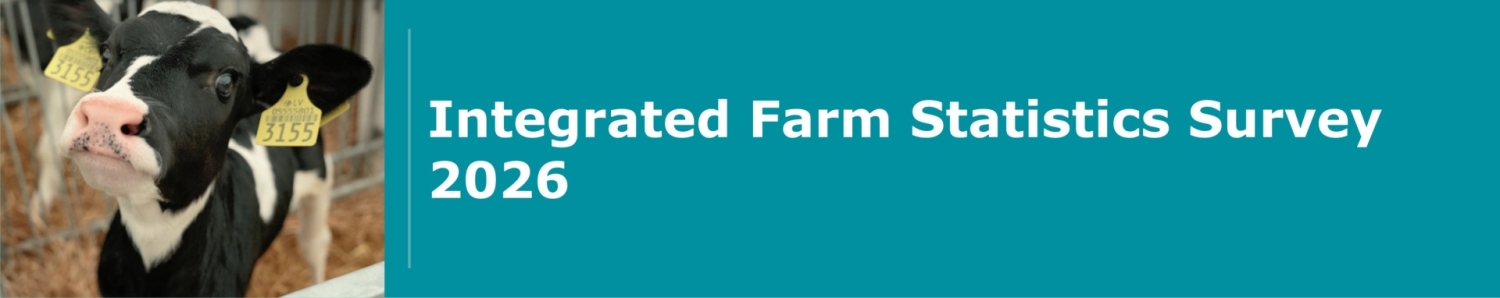 Black-and-white calf with identification ear tags standing in a livestock pen, alongside the title “Integrated Farm Statistics Survey 2026”