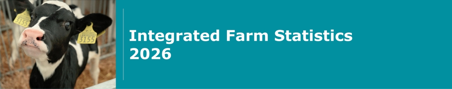 Black-and-white calf with identification ear tags standing in a livestock pen, alongside the title “Integrated Farm Statistics 2026”