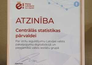 Atzinības raksts Centrālajai statistikas pārvaldei par izcilu ieguldījumu latvijas valsts pakalpojumu digitalizācijā un pieejamībā valsts iestāžu grupā