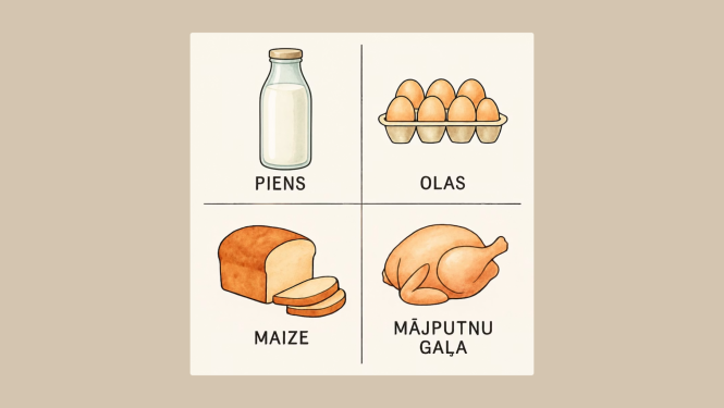 Uzzīmēta piena pudele, olu brete, maizes kukulis un vista