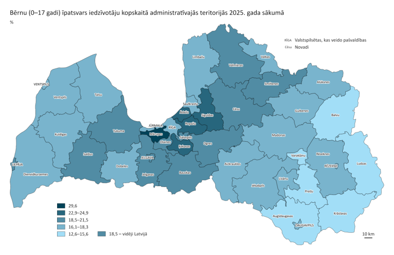 Latvijas karte ar datiem: Bērnu (0-17 gadi) īpatsvars iedzīvotāju kopskaitā valstspilsētās un novados 2025. gada sākumā