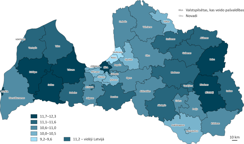 Jauniešu (18–29 gadi) īpatsvars iedzīvotāju kopskaitā valstspilsētās un novados  2025. gada sākumā (%)