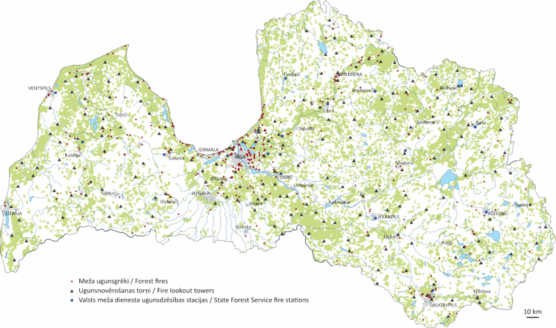 Latvijas karte ar meza ugunsgrēkiem 2021.gadā