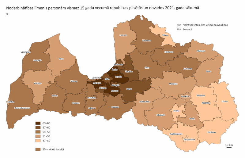 Karte - Nodarbinātie iedzīvotāji 15 un vairāk gadu vecumā 2021. gada sākumā  (procentos)