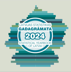 Gadagrāmatas vāka attēls ar nosaukumu un zaļi brūnām horizontālām svītrām zem teksta