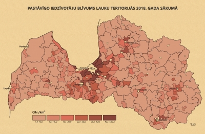 Pastāvīgo iedzīvotāju blīvums lauku teritorijās