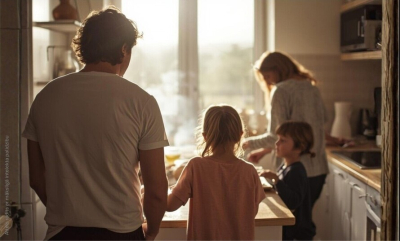 Vīrietis un meitene no aizmugures, virtuvē gatavo