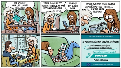 SILC aptaujas komikss. Aptaujas anketu var aizpildīt gan internetā, gan klātienē.