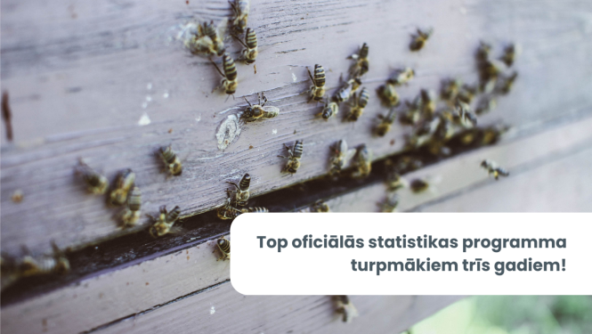 Attēls ar bitēm un teksts: "Top oficiālās statistikas programma turpmākajiem trīs gadiem!"