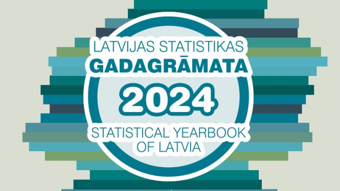 Gadagrāmatas vāka attēls ar nosaukumu un zaļi brūnām horizontālām svītrām zem teksta