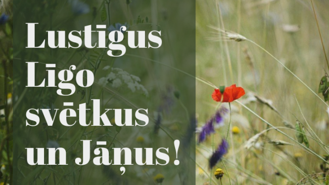 Attēls ar pļavas puķēm un tekstu:" Lustīgus Līgo svētkus un Jāņus!"