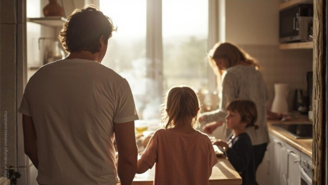 Vīrietis un meitene no aizmugures, virtuvē gatavo