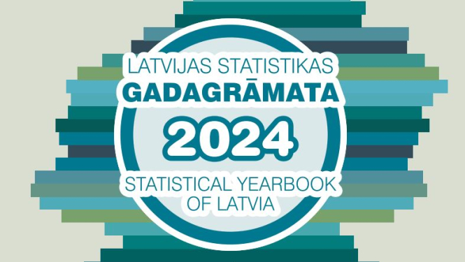 Gadagrāmatas vāka attēls ar nosaukumu un zaļi brūnām horizontālām svītrām zem teksta