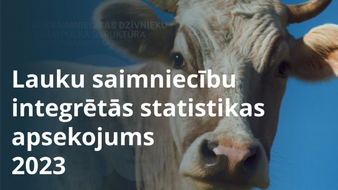 Attēls ar govi un tekstu: "Lauku saimniecību integrētās statistikas apsekojums 2023"