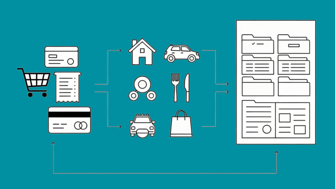Dažādi simboli saistīti ar iepirkšanos (iepirkuma ratiņi, maksājuma karte, iepirkumu maisiņi), labajā pusē mapju un dokumentu simboli