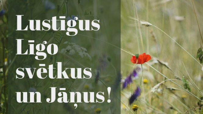 Attēls ar pļavas puķēm un tekstu:" Lustīgus Līgo svētkus un Jāņus!"