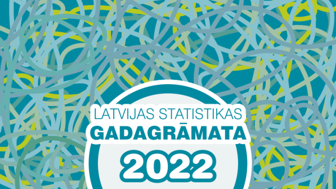 Gadagrāmatas vāka attēls ar nosaukumu, zilzaļām līnijām, cilvēku silutetiem.