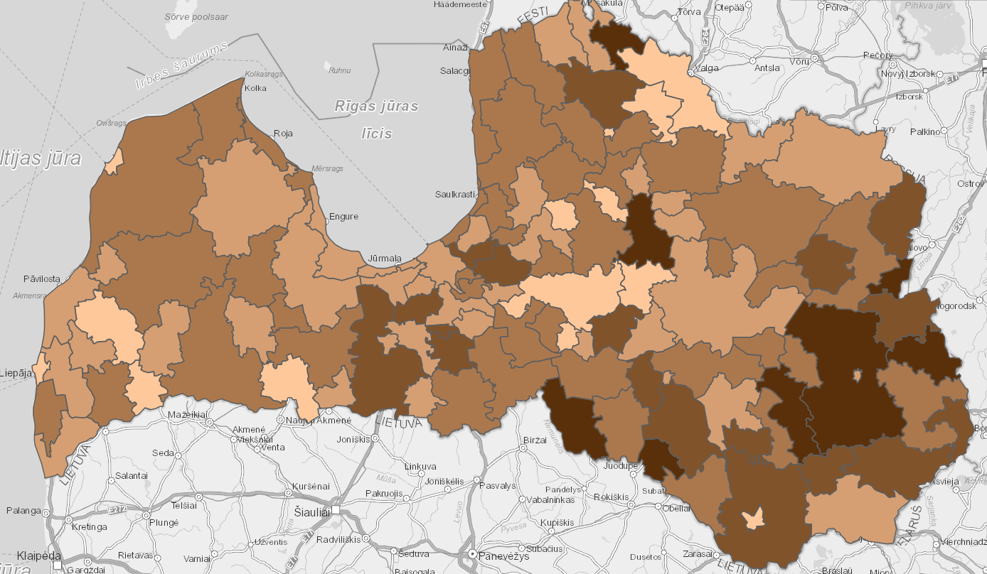 Karte - Iedzīvotāju īpatsvars pēc darbspējas vecuma grupām – detalizēti telpiskie dati, tai skaitā režģis 1km²