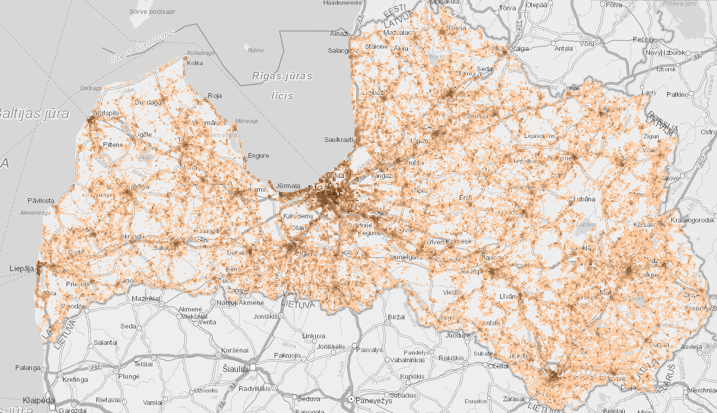 Karte - Iedzīvotāju skaits administratīvajās teritorijās un teritoriālajās vienībās, t.sk. režģis 1km²