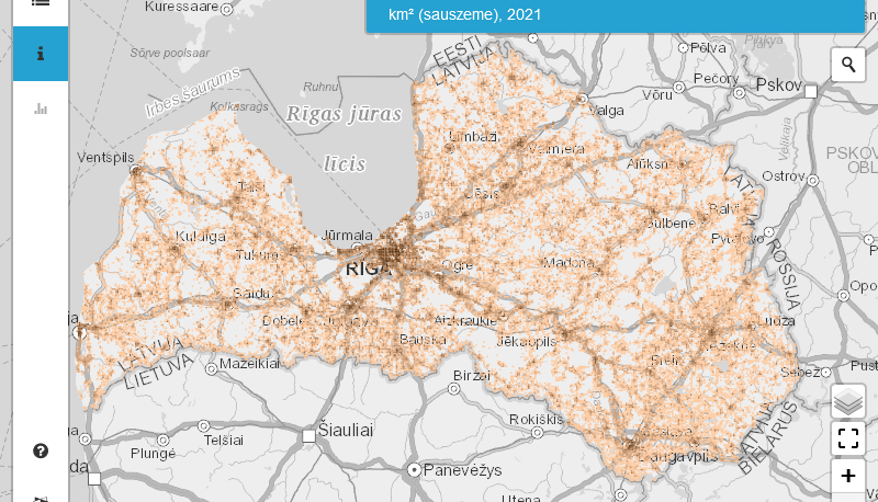 Karte - Iedzīvotāju skaits 1 km² režģa šūnās 2021. gada sākumā