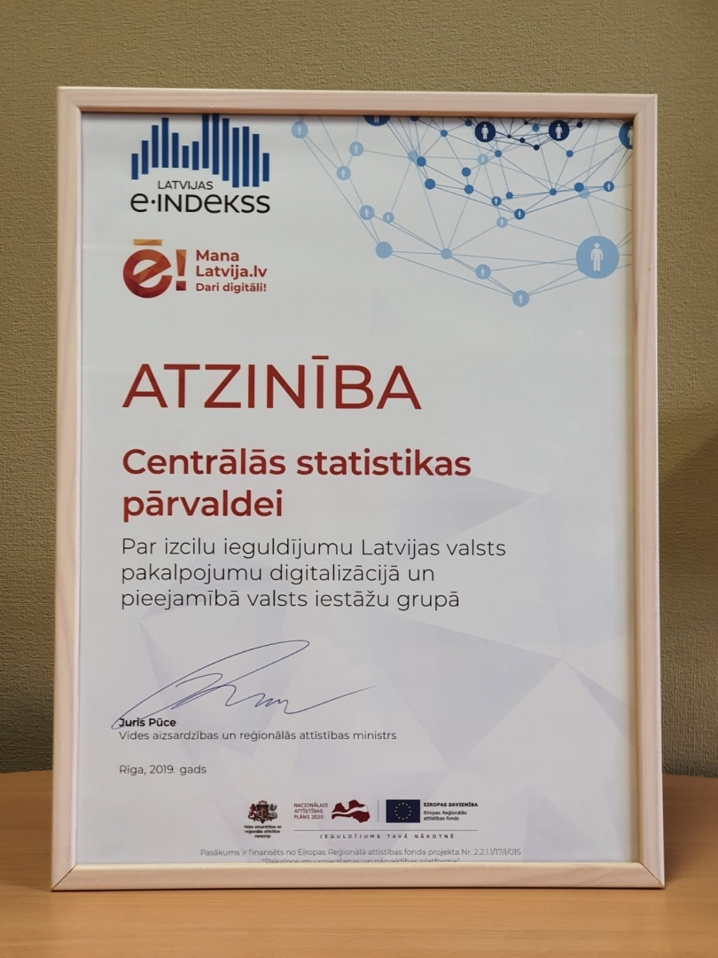 Atzinības raksts Centrālajai statistikas pārvaldei par izcilu ieguldījumu latvijas valsts pakalpojumu digitalizācijā un pieejamībā valsts iestāžu grupā