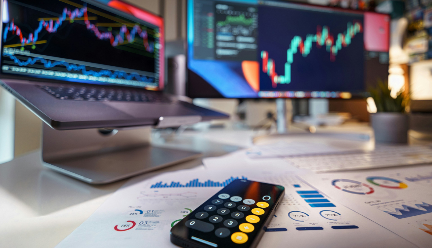 Attēls ar kalkulatoru  un monitoriem