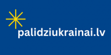 Attēls ar dzeltenu zvaigzni uz zila fona, balti burti ar tekstu: "palidziukrainai.lv"