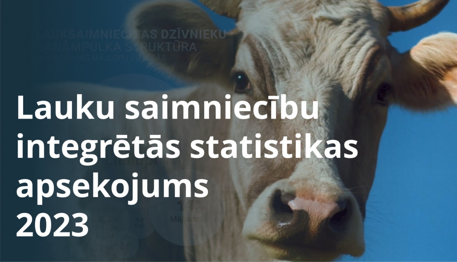 Attēls ar govi un tekstu: "Lauku saimniecību integrētās statistikas apsekojums 2023"